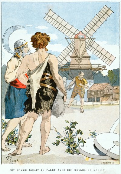Jean-LOurs ontmoet Roue de Moulin, de eerste van de drie sterke mannen die hem vergezellen op zijn avonturen, c.1900 door Masse Masse